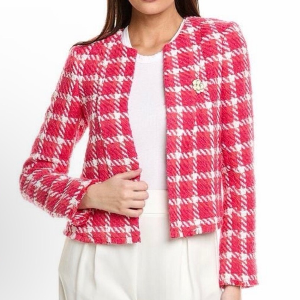 Karl Lagerfeld Paris Tweed Pink White Cropped Open Front Jacket Blazer size 8 - Picture 2 of 9